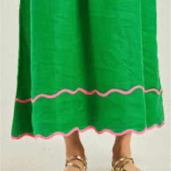 Pink City Prints Parrot Green Linen Sun Dress Pink Scalloped Trim Small S - Picture 3 of 5